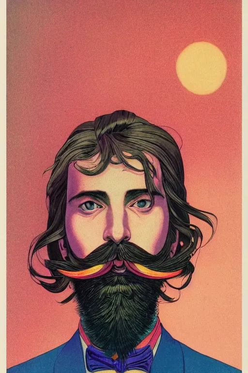 Prompt: a colorful closeup portrait of a handsome young bald man with a very long wild beard and handlebar moustache sucking a blotter paper of lsd acid and dreaming psychedelic hallucinations in the vast icy landscape of antarctica, by kawase hasui, moebius and edward hopper, colorful flat surreal design, hd, 8 k, artstation