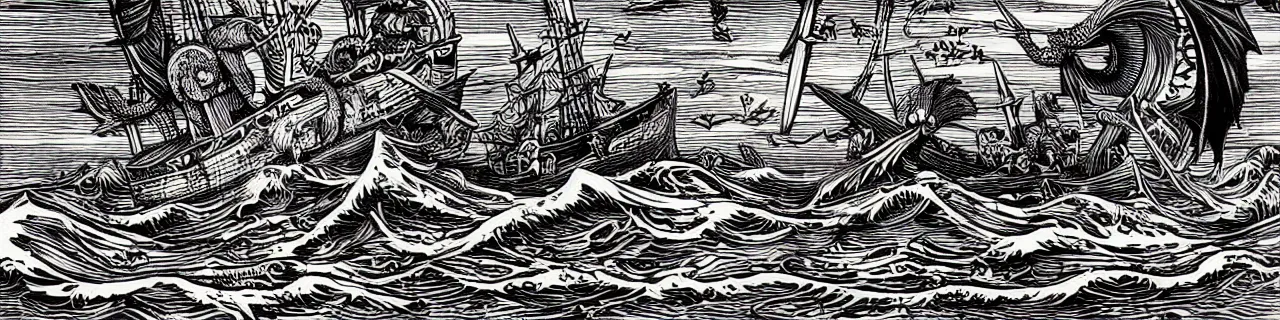 Image similar to Elaborate wallpaper print of Fish Kaiju attacking a boat in the Waves in the style of Albrecht Durer and Martin Schongauer, high contrast finely carved woodcut black and white crisp edges