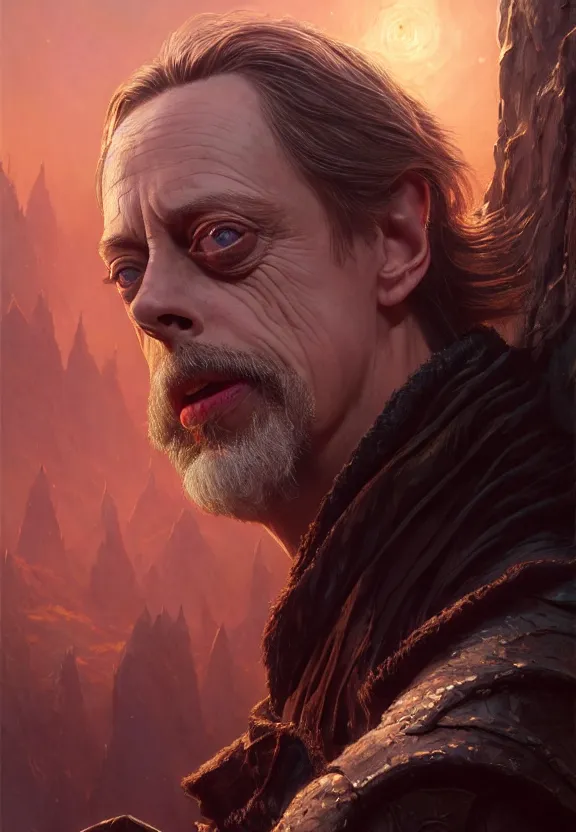 Image similar to highly detailed close up portrait of steve buscemi as a fantasy cleric surrounded by magic, in skyrim, stephen bliss, unreal engine, fantasy art by greg rutkowski, loish, rhads, ferdinand knab, makoto shinkai and lois van baarle, ilya kuvshinov, rossdraws, tom bagshaw, global illumination, radiant light, detailed and intricate environment