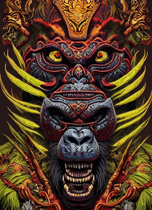 Prompt: barong family member, wiwek, mara demon, lizard tongue, one single tribe member, jungle, one single mask, dark, ancient warrior, gorilla, tribals, art by dan mumford and justin gerard