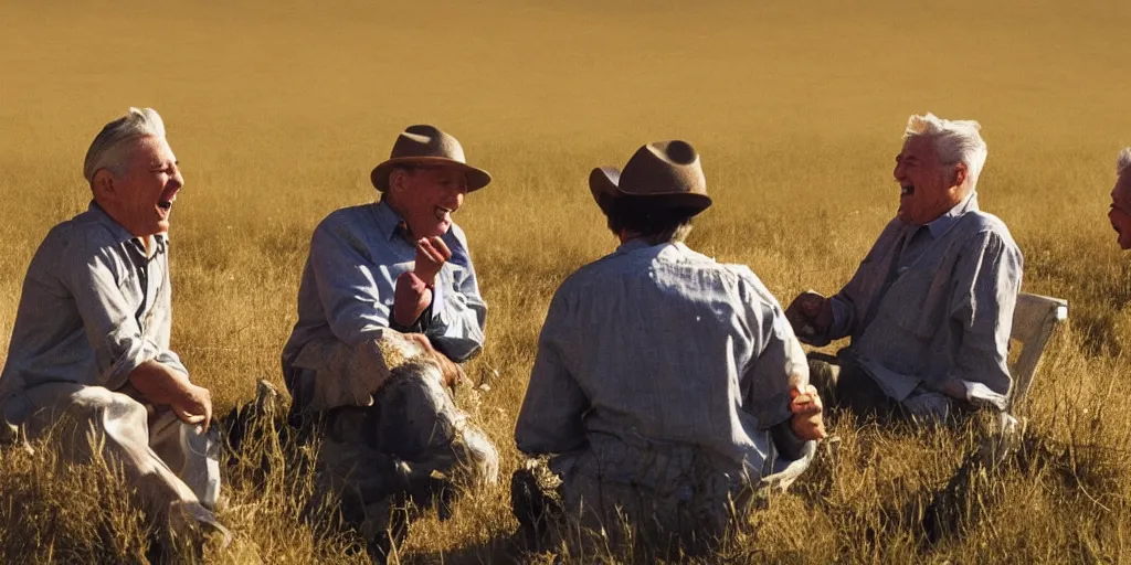 Prompt: film still of old men laughing!!!! sitting at a round table and finger painting in a dry grassland steppe, directed by david lynch, vibrant colours, backlighting
