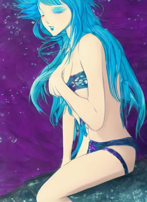 Prompt: a woman with blue hair sitting underwater, a beautiful anime drawing by yuumei, featured on pixiv, rayonism, pixiv, seapunk, very anime anime!! detailed