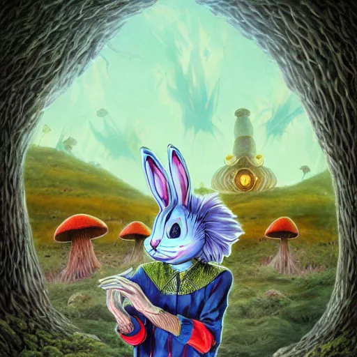 Image similar to 4 k headshot portrait of a psychedelic demonic anthropomorphic bunny rabbit with mushroom themed clothes, magic mushroom village in background by jeff easley, award winning, stylized neon, post - processing, masterpiece, superb resolution. in the art style of junji ito and greg rutkowski. detailed mushroom city in background. hyper realistic anime. perfect art. dalle 2