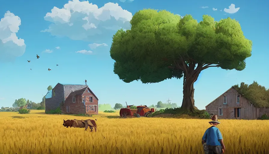 Image similar to gigantic cat next to the small house, wheat field harvesting, big tree, person, matte painting, art station, blue sky, simon stalenhag