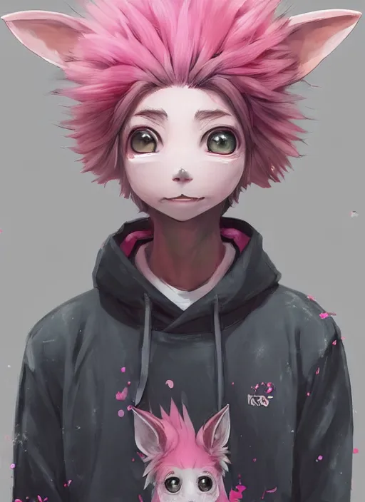 Image similar to a beautiful half body portrait of a cute anime male with pink hair and pink wolf ears. smiling.. big eyes. black collar. hoodie. character design by cory loftis, fenghua zhong, ryohei hase, ismail inceoglu and ruan jia. volumetric light, detailed, rendered in octane