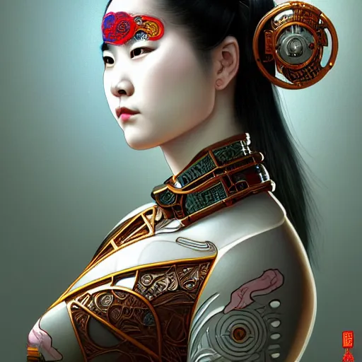 Image similar to a portrait of a female cyberpunk machine, machine face, upper half portrait, decorated with chinese opera motifs, asian, fine china, wuxia, traditional chinese art, intricate, elegant, highly detailed, symmetry, headpiece, digital painting, artstation concept art smooth sharp focus, illustration, art by artgerm and greg rutkowski alphonse mucha 8 k