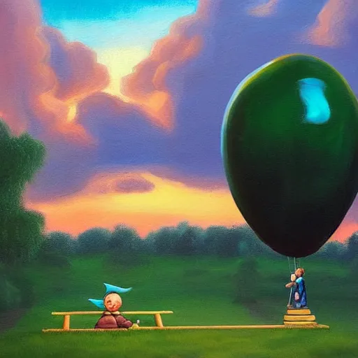 Image similar to eye - level view, shot from 5 0 feet distance, baby yoda plays is on a seesaw at a tranquil city park. a balloon vender sells balloons in the background. depth, dramatic clouds, setting sun. golden hour, oil on canvas painting, detailed, depth, volume, chiaroscuro, quiet intensity, serene.