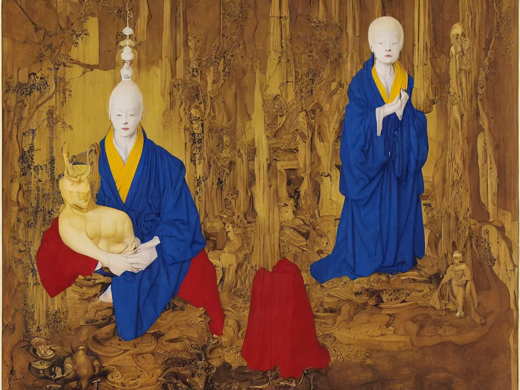 Image similar to Portrait of albino mystic with blue eyes, with beautiful Japanese Buddhist wooden golden statue. Painting by Jan van Eyck, Audubon, Rene Magritte, Agnes Pelton, Max Ernst, Walton Ford