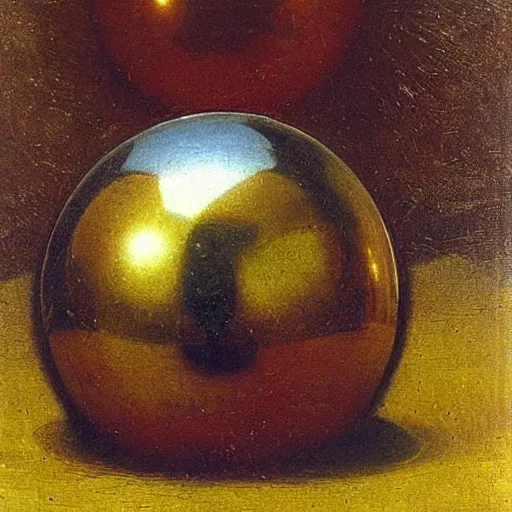 Prompt: chrome spheres on a red cube by george frederic watts