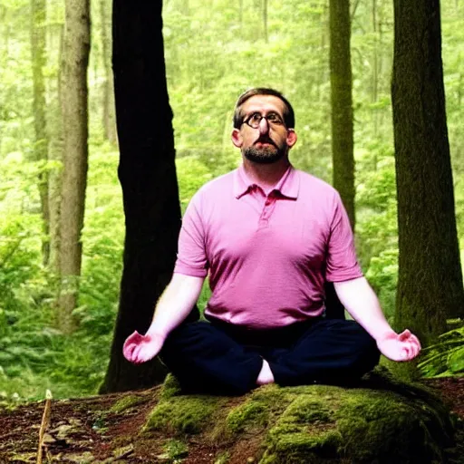 Image similar to chubby Steve Carell meditate in the Forest