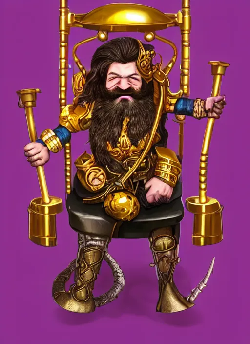 Image similar to dwarf fighter sitting in mechanical chair that has spider legs, gold and purple, exquisite details, black beard, white background, by studio muti