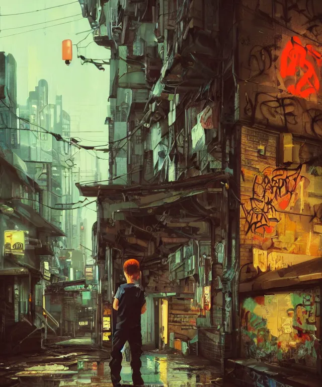 Prompt: a highly detailed contemporary painting of a tiny boy in a Jumpsuit standing in a dark alley, abandoned buildings with graffiti, a nightclub with neon sign, menacing skyline by Studio Ghibli, Makoto Shinkai, by Artgerm, by WLOP, by Greg Rutkowski, volumetric lighting, cyberpunk, octane render, 4K resolution, trending on artstation, masterpiece