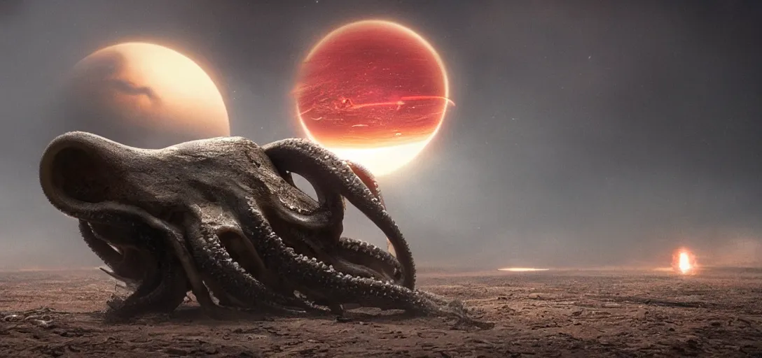 Image similar to an octopus in the shape of a skull eating a planet, foggy, cinematic shot, photo still from movie by denis villeneuve, wayne barlowe