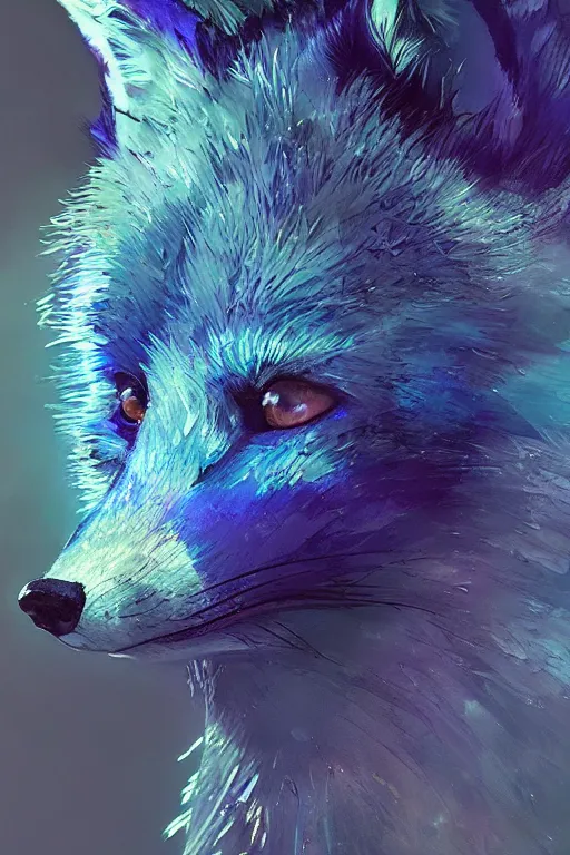 Image similar to A fancy portrait of a blue crystalized fox by Greg Rutkowski, beeple, Sung Choi, Mitchell Mohrhauser, Maciej Kuciara, Johnson Ting, Maxim Verehin, Peter Konig, final fantasy, macro lens, 35mm, 8k photorealistic, cinematic lighting, HD, high details, dramatic, dark atmosphere, trending on artstation