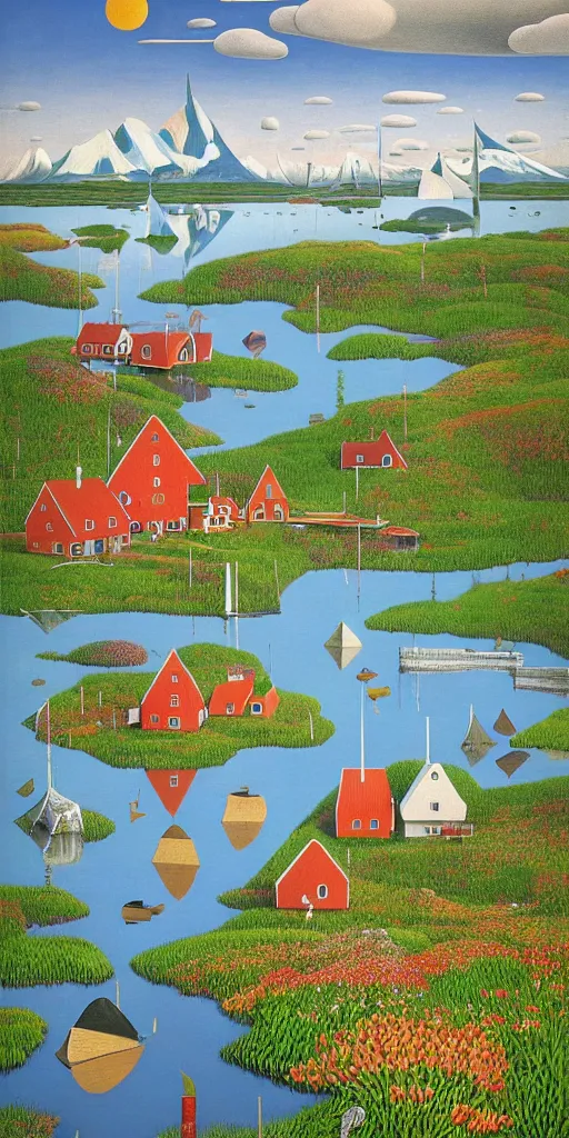 Image similar to scandinavian!!! houses!!!, floral motives, lake, mountains, hygge, by jacek yerka by levitan, by tove jansson, surrealistic painting, masterpiece, oil painting, 1 0 0 0 0, sharp focus, highly detailed, intricate, smooth, 8 k,