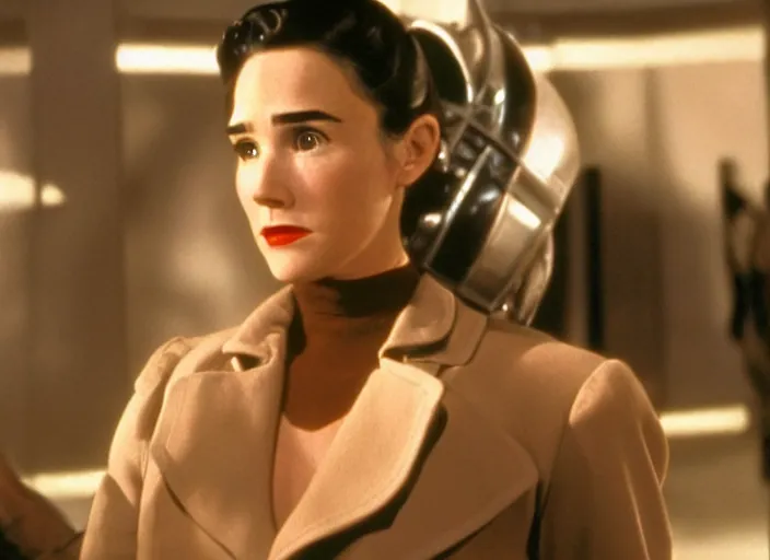 Prompt: a color movie still from the modern film the rocketeer featuring young jennifer connelly in her role as jenny blake ; color ; clear facial features ; upturned