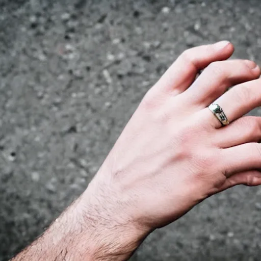 Image similar to normal man's hand with five fingers and a ring and a cigarette between the fingers