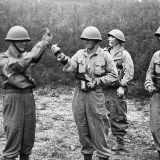 Image similar to World War 2 photo of soldiers fighting with finger guns