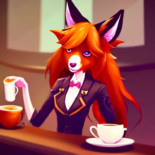 Prompt: a cute anthropomorphic maned wolf girl having a nice cup of coffee at the quiet and cheery local place. league of legends splash art