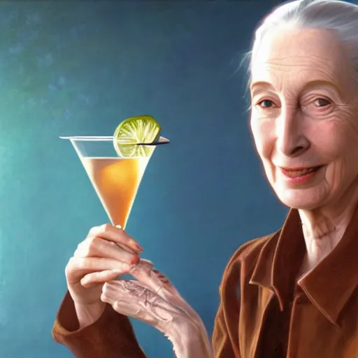 Prompt: portrait painting of jane goodall toasting with a martini, ultra realistic, concept art, intricate details, serious, highly detailed, photorealistic, octane render, 8 k, unreal engine. art by artgerm and greg rutk owski and alphonse mucha