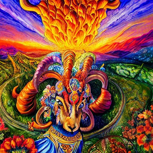 Image similar to painting by josephine wall, horned ram goddess checking her cell phone, erupting volcano and sunset in distance, flowers in foreground, zodiac, fantasy, acrylic on canvas, intricately detailed, highly detailed, high resolution, hdr, 8 k, trending on artstation