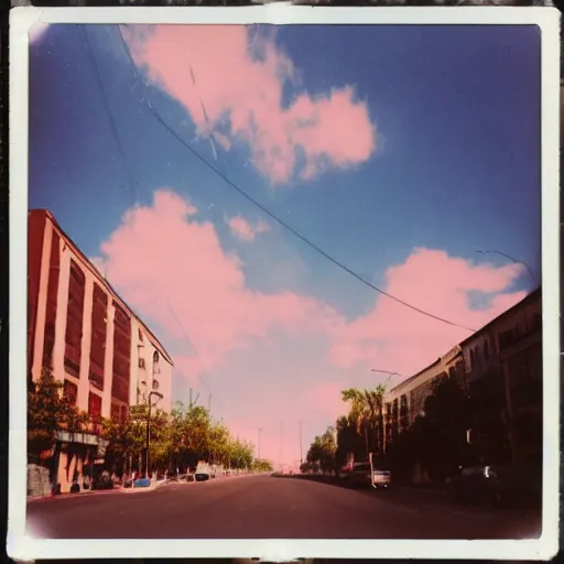 Prompt: colorful instant photograph of the middle of the street, polaroid, light leak, raw, nostalgic, daylight, blue sky, clouds