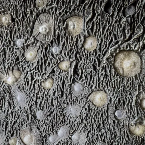 Prompt: Great fungal mold valley, cliffs of ridged hyphae, alien landscape