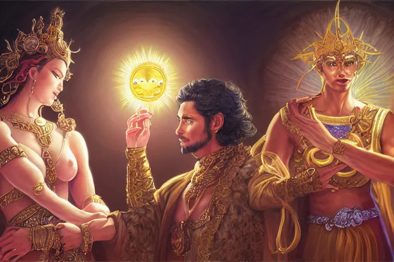 Image similar to close up moment of a divine a sun god and a moon goddess lovers magician at a wedding banquet, highly detailed, d & d, fantasy, highly detailed, digital painting, trending on artstation, concept art, sharp focus, illustration, art by artgerm and greg rutkowski and magali villeneuve