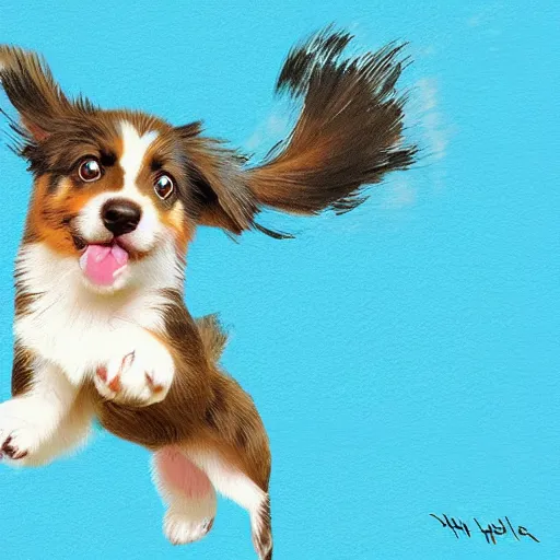 Image similar to children's book style digital painting of an Australian Shepherd puppy jumping in the air to catch a frisbee, very cute