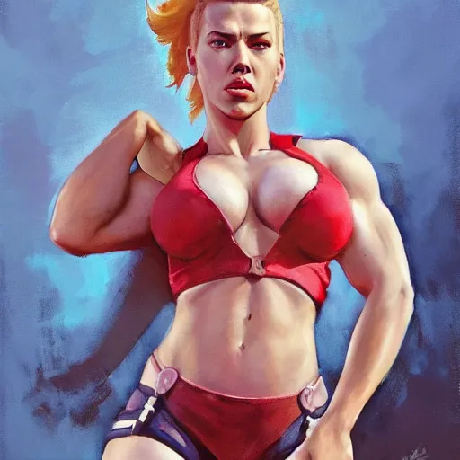 Prompt: greg manchess portrait of scarlett johansson as roided thick very muscular fitness model zarya from overwatch with short blond hair and ponytail, fantasy, medium shot, asymmetrical, profile picture, organic painting, sunny day, matte painting, bold shapes, hard edges, street art, trending on artstation, by huang guangjian and gil elvgren and sachin teng