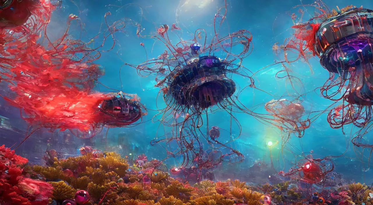Prompt: robotic man o war jellyfish and a vibrant cyberpunk coral reef, in style of johan grenier, thomas kinkade, artstation, 8 k 3 d, unreal engine, highly detailed, octane render, very intricate, cinematic lighting