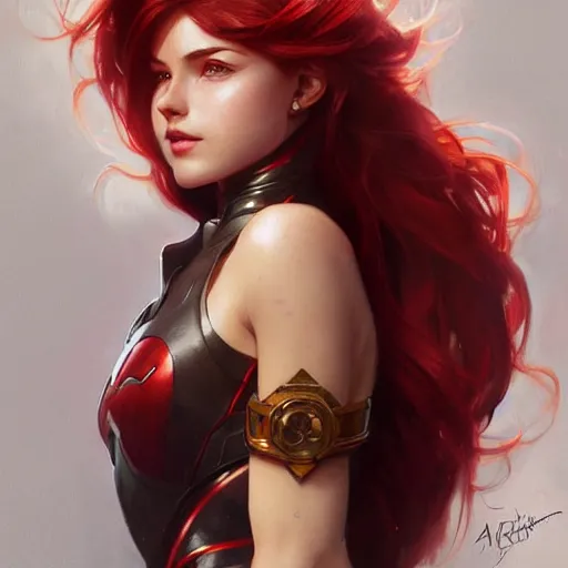 Image similar to a cool red - bun - haired girl. she is dressed as a superhero. clean elegant painting, beautiful detailed face. by artgerm and greg rutkowski and alphonse mucha