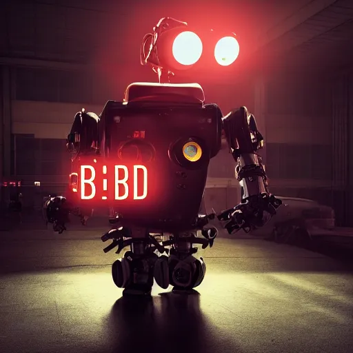 Image similar to gangsta robot with the letters br0sk1pd printed on it, expressive, photo realistic, dramatic cinematic lighting, octane render, 4k, ultra detailed