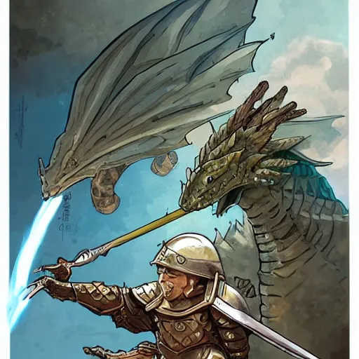 Image similar to a paladin warrior in plate mail fending off a hungry baby dragon with a submarine sandwich but relenting and throwing it some pickles, digital art, rossdraws, kim jung gi, moebius, artgerm