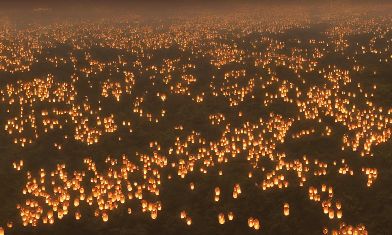 Prompt: A Chinese Tang Dynasty palace night scene of the original game concept scene, thousands of Kongming lanterns flying into the sky, high-precision palace, overlooking the ultra-wide angle, magnificent and gorgeous atmosphere，rtx on，by Jordan Grimmer and Jonas De Ro, trending on cgsociety and artstation, unreal engine，Volumetric light，surreal