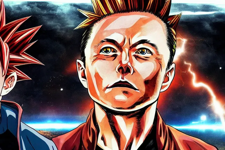 Image similar to a photo of elon musk going super saiyan in the style of an anime, while a tesla with eyes watches him, hd