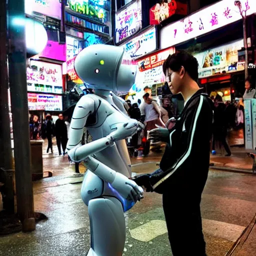 Image similar to Photograph of humanoid robot lovers kissing in cyberpunk Kabukicho