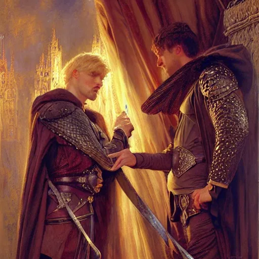 Image similar to stunning arthur pendragon in love with stunning male merlin the mage. they are close to each other. highly detailed painting by gaston bussiere, craig mullins, j. c. leyendecker