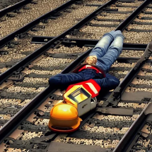 Prompt: factorio engineer laying on train tracks