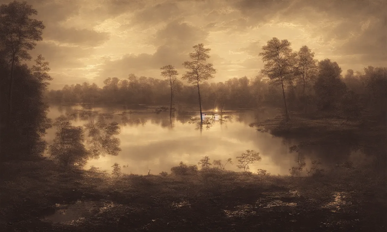 Image similar to a dark pond during golden hour. andreas achenbach, mikko lagerstedt, zack snyder, tokujin yoshioka