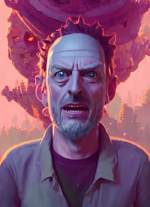 Prompt: fantasy portrait of rick from rick & morty, intricate abstract. intricate artwork, by greg rutkowski, wlop, beeple, dan mumford. concept art, octane render, trending on artstation, greg rutkowski very coherent symmetrical artwork. cinematic, key art, hyper realism, high detail, octane render, 8 k, iridescent accents