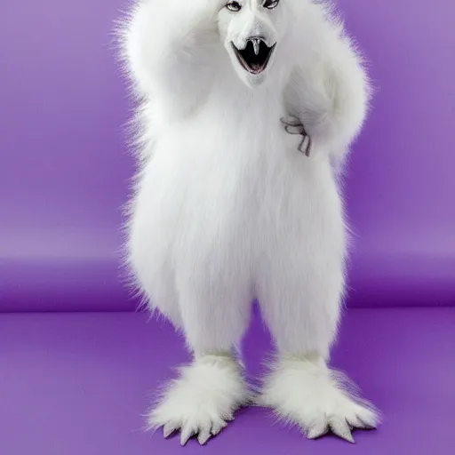 Image similar to A photo of a white fur monster standing in a purple room