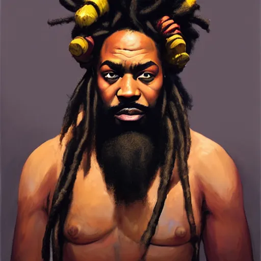 Image similar to Greg Manchess portrait painting of an afropunk villian character with facial tattoo, dreads, heavy build, medium shot, asymmetrical, profile picture, Organic Painting, sunset dark dramatic day, matte painting, bold shapes, high contrast, hard edges, street art, trending on artstation, by Huang Guangjian and Gil Elvgren and Sachin Teng