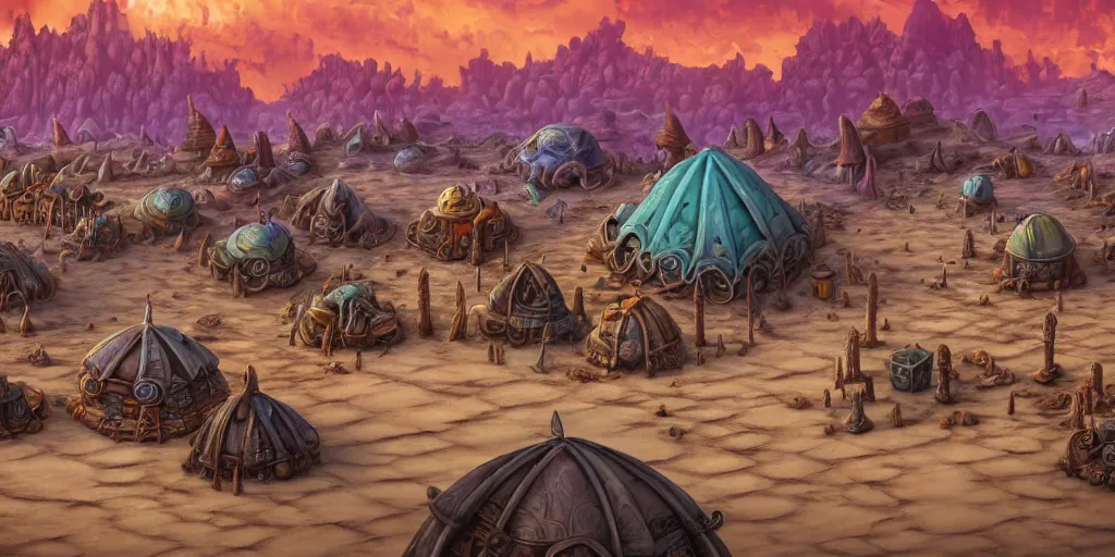 Image similar to colored merchant tents at a sprawling temple city of rusty chrome, white salt desert dunes, matte oil painting, mushroom farms, fungal polyps, retrofuturistic, science fantasy, mutant, lgbt, queer, rpg, epic, badlands, slime, dungeons & dragons, sacred, sharp focus, award - winning, extremely detailed, 4 k, 8 k