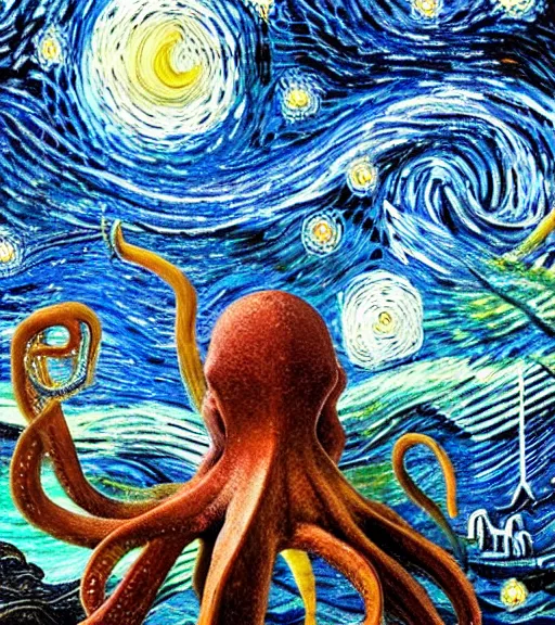 Image similar to a cybernetic realistic octopus giving a lecture in Cap de Creus, Starry Night, Ethereal Scifi, detailed oil painting by Salvador Dali