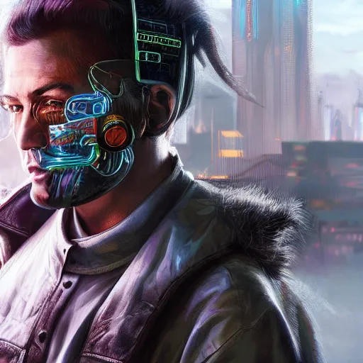 Image similar to mark frauenfelder as a cyberpunk warrior 4 k, hyper realistic, natural, highly detailed, digital illustration, trending in artstation, smooth, sharp focus art