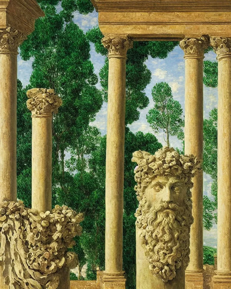 Image similar to achingly beautiful painting of intricate ancient roman corinthian capital on emerald background by rene magritte, monet, and turner. giovanni battista piranesi.