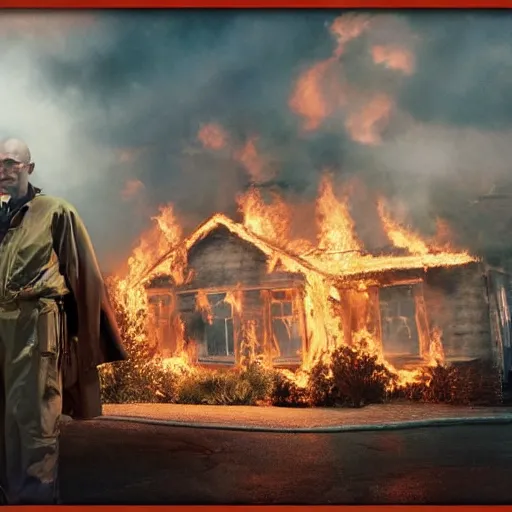 Image similar to a photo of walter white standing in front of a building on fire, highly detailed, 4 k