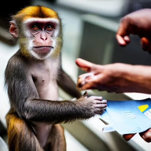 Image similar to photograph of a monkey dressed as a loan shark collecting money