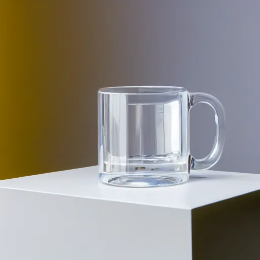 Image similar to an ultra high definition professional studio quality photograph of a transparent perspex cube shaped pastel coloured mug on a white plinth in an empty white room. dramatic lighting, ray tracing, refraction, shallow d. o. f, colour corrected, golden ratio, three point light.